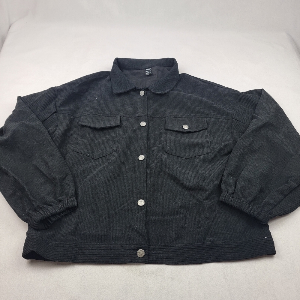 NWOT black pleated balloon sleeve ribbed corduroy oversized shirt jacket - Picture 5 of 9